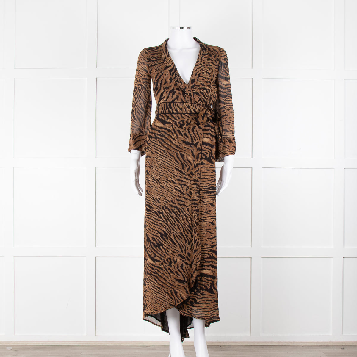 Ganni Brown Animal Print Wrap Around Midi Dress
