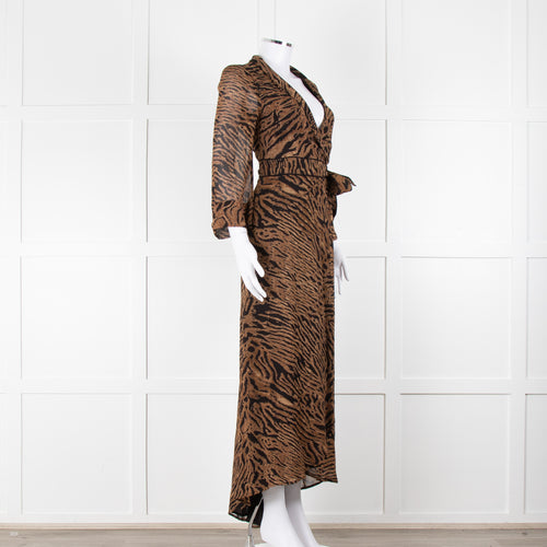 Ganni Brown Animal Print Wrap Around Midi Dress