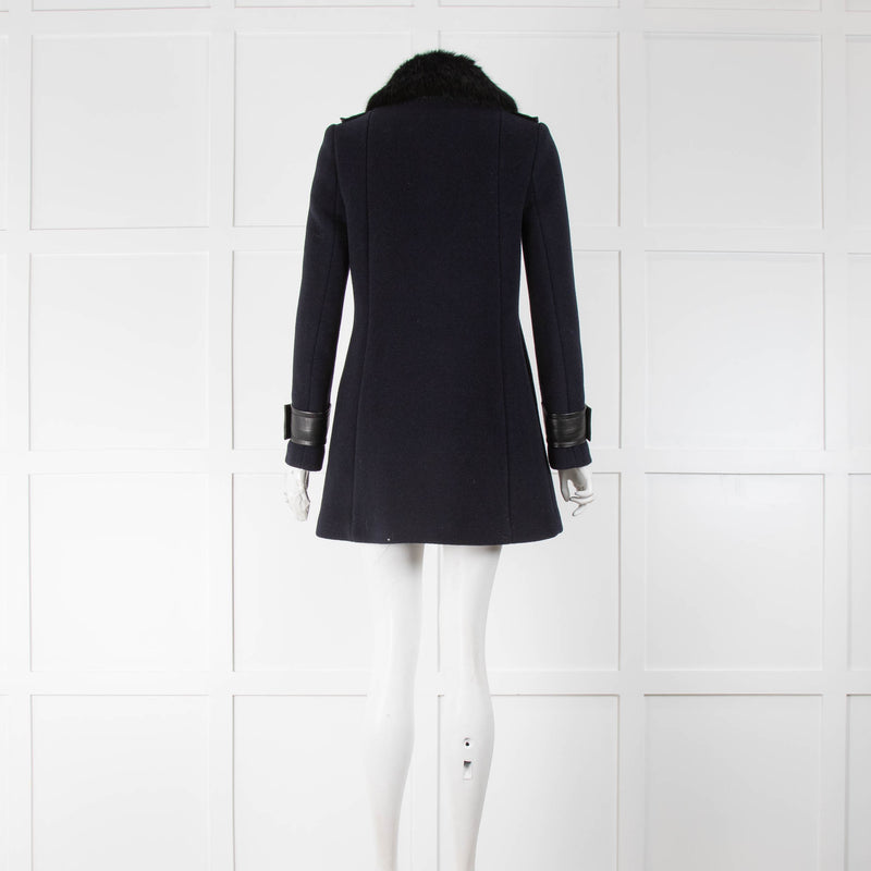 Claudie Pierlot Navy Blue Coat With Black Fur Collar