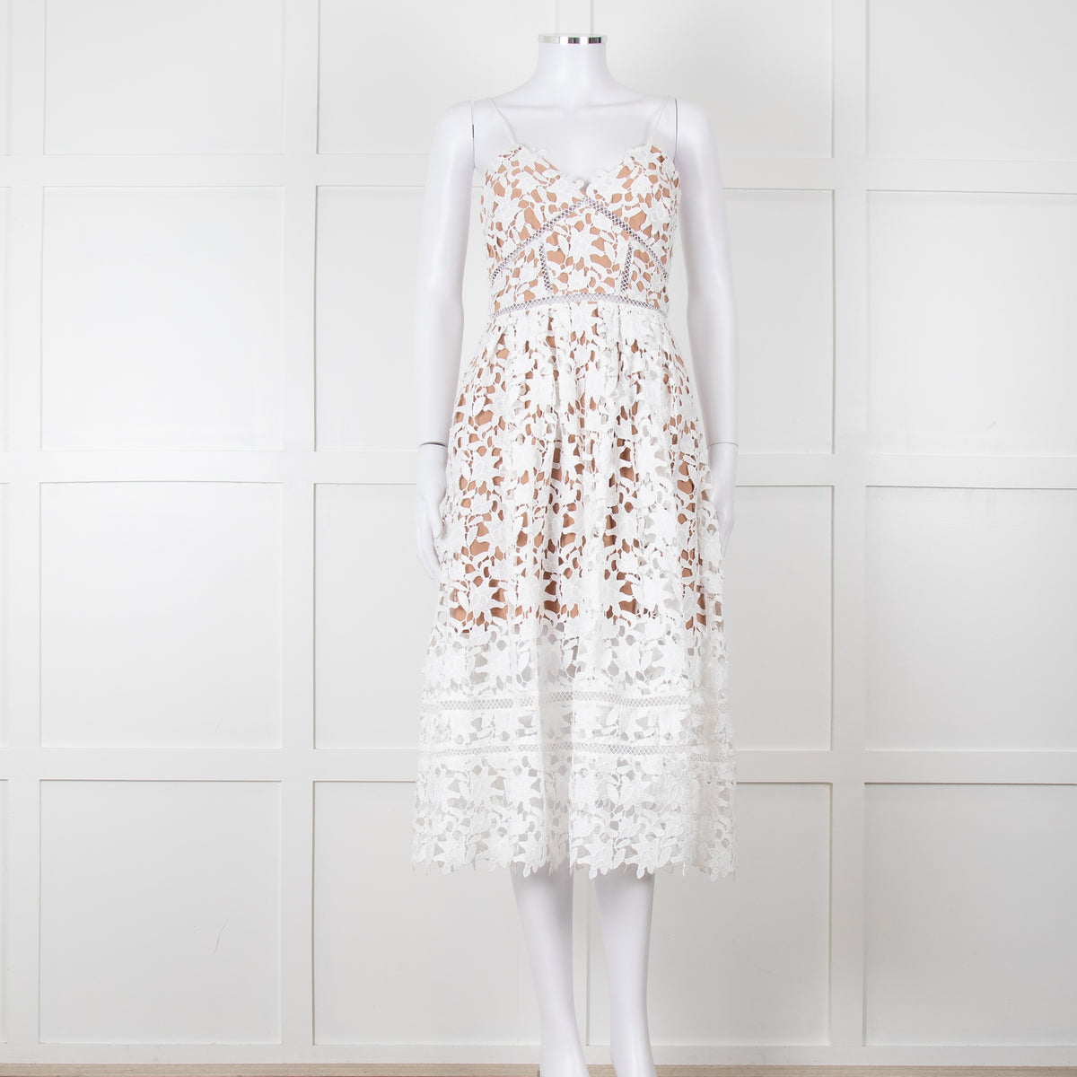 Self-Portrait White Lace Spaghetti Strap Midi Dress