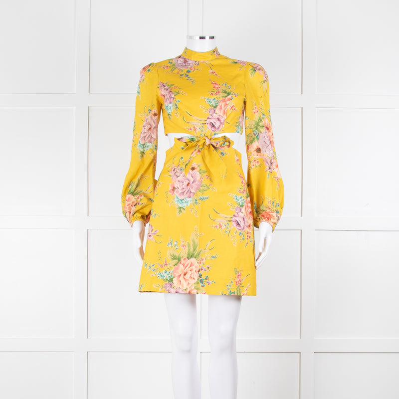 Zimmermann Yellow Zinnia Cutout Floral Linen High Neck Dress