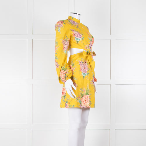 Zimmermann Yellow Zinnia Cutout Floral Linen High Neck Dress