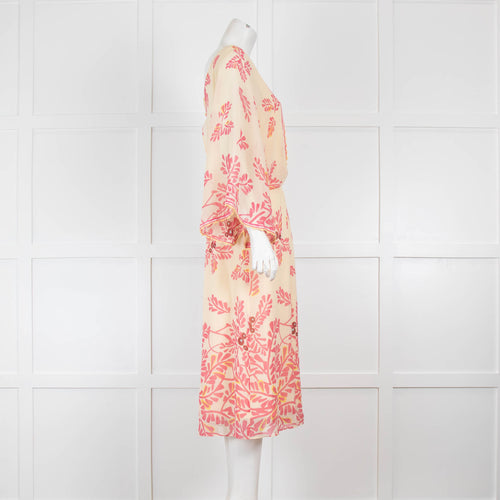 Temperley Pink Leaf Print Midi Dress