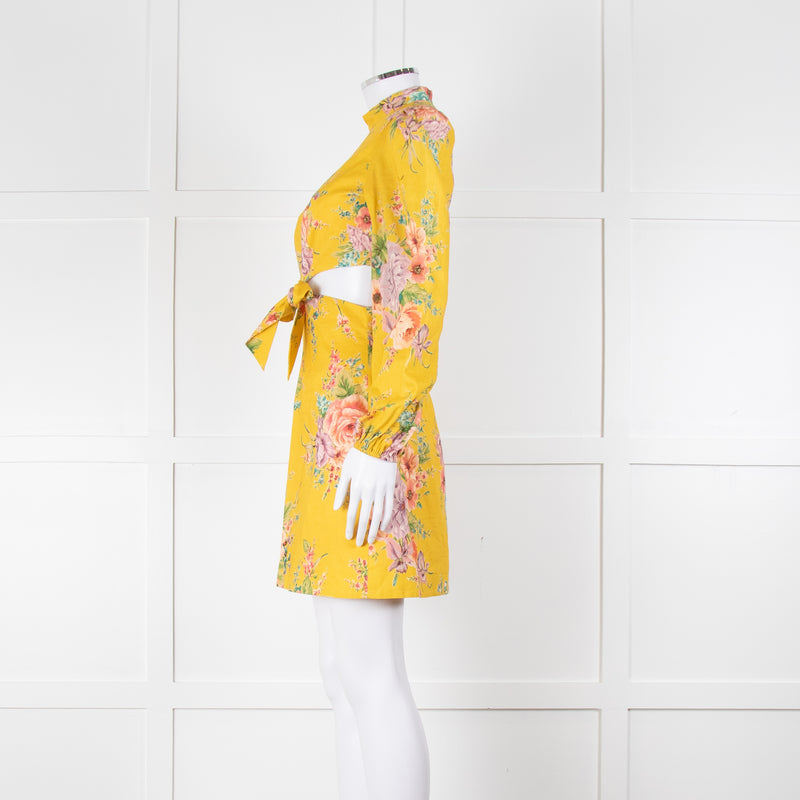 Zimmermann Yellow Zinnia Cutout Floral Linen High Neck Dress
