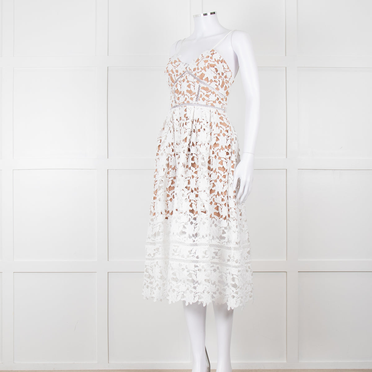 Self-Portrait White Lace Spaghetti Strap Midi Dress