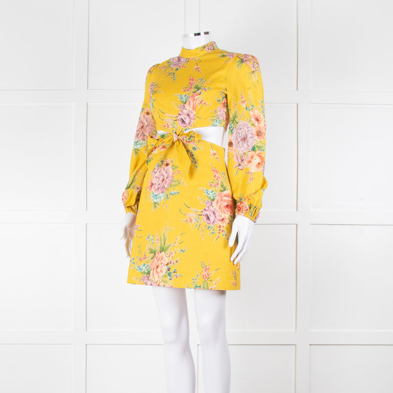 Zimmermann Yellow Zinnia Cutout Floral Linen High Neck Dress