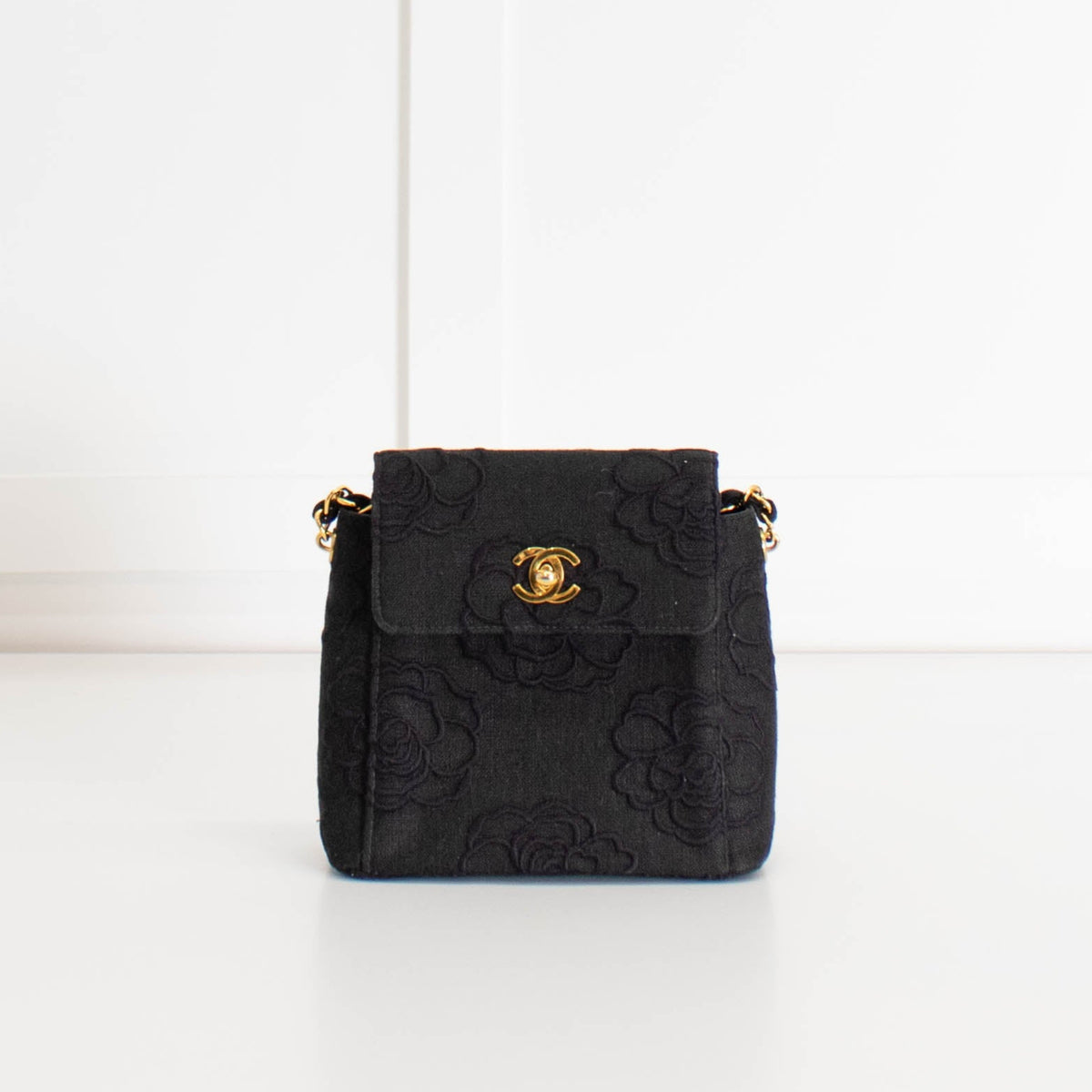 Chanel Black Canvas Camellia Bucket Bag