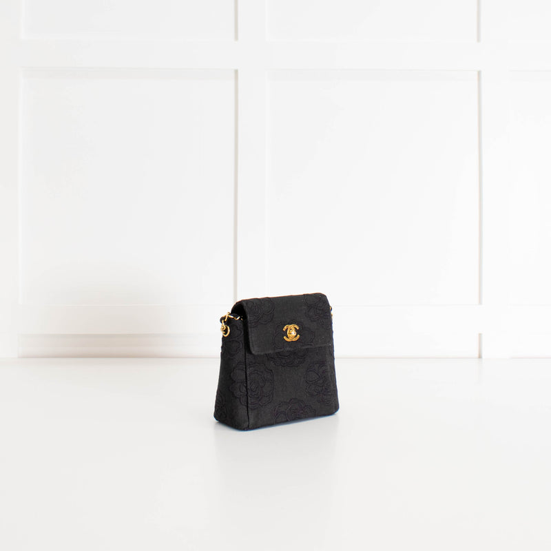 Chanel Black Canvas Camellia Bucket Bag