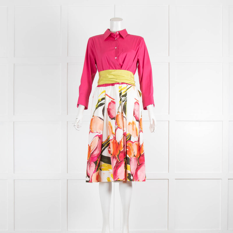 Sara Roka Pink Cotton Colour Block Sash Dress