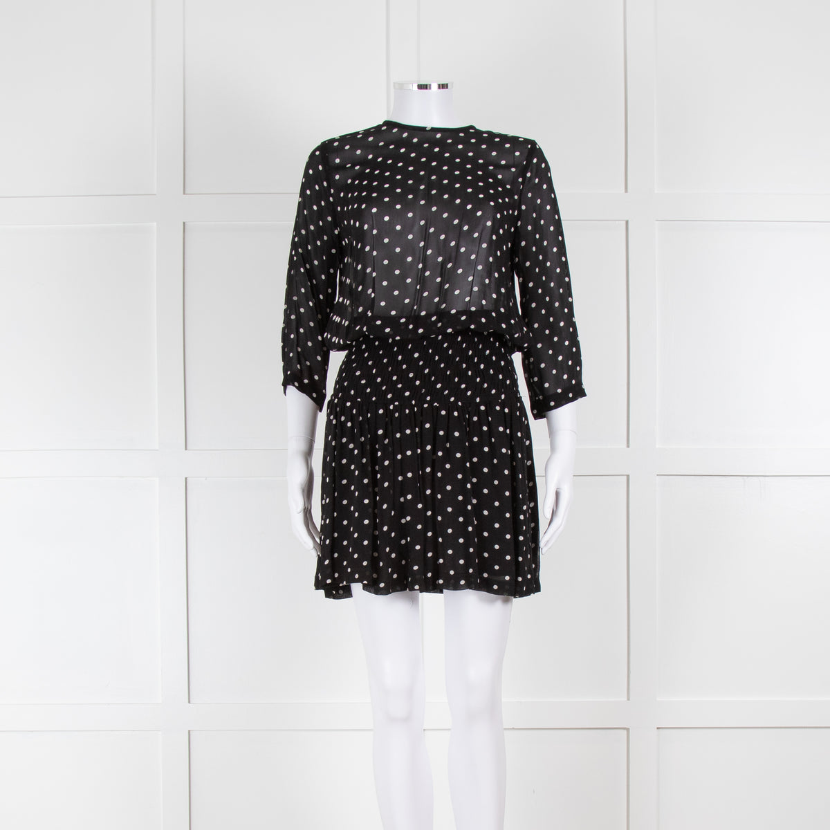 Ganni Black Cream Polka Dot Ruched Drop Waist Dress – Phoenix Style
