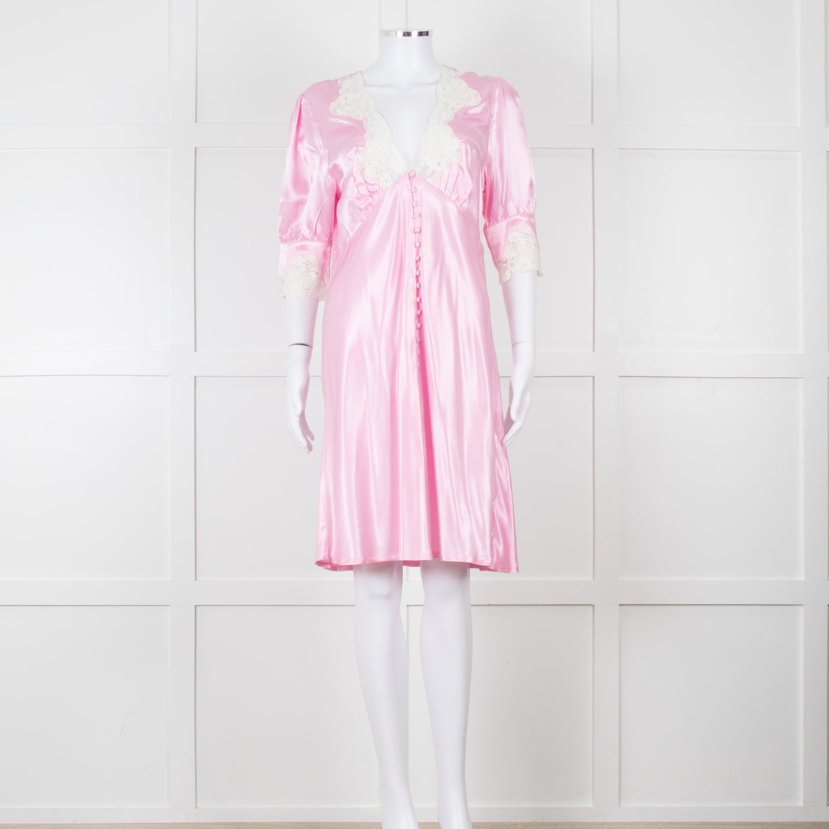 Rixo Pink Satin Lace Trimmed Bias Cut Mini Dress