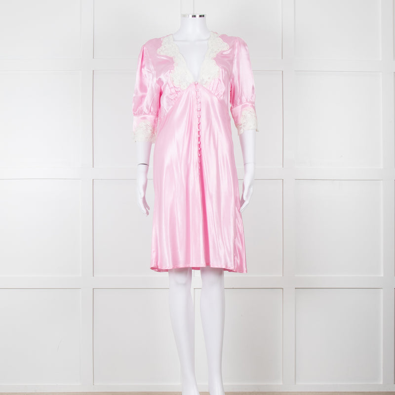 Rixo Pink Satin Lace Trimmed Bias Cut Mini Dress