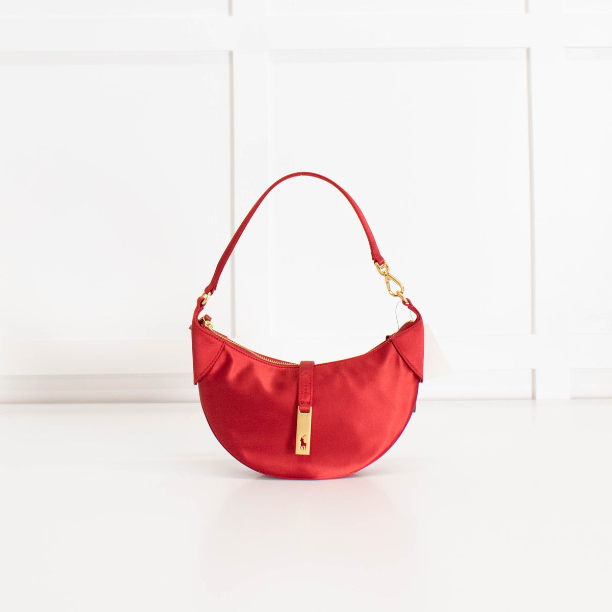 Polo Ralph Lauren Red Satin Gold Logo Shoulder Bag