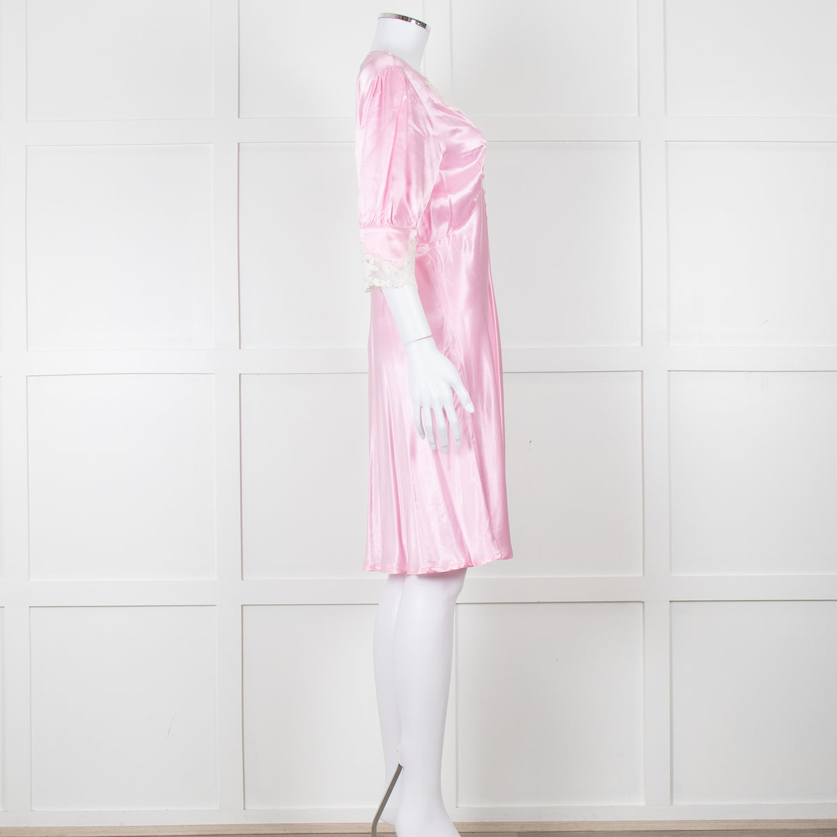 Rixo Pink Satin Lace Trimmed Bias Cut Mini Dress