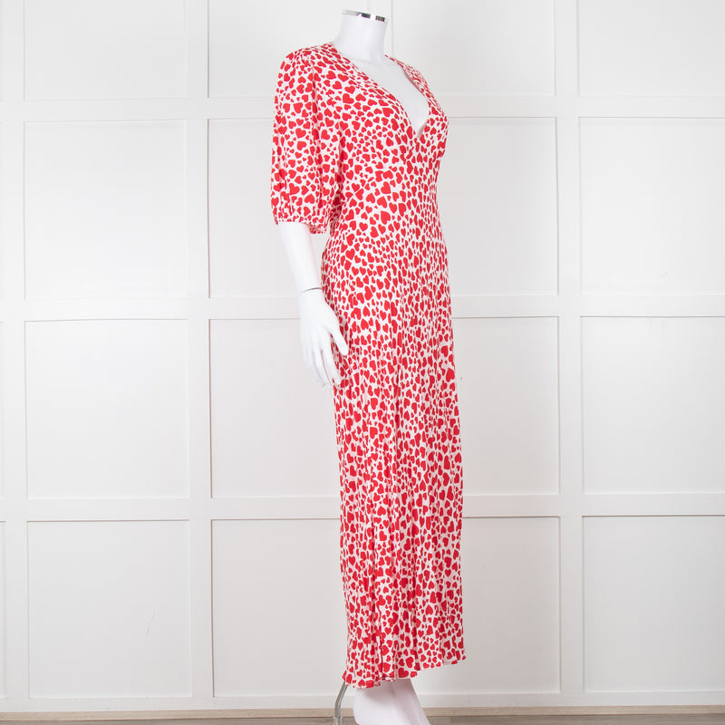 Rixo Red And White Steph Backless Heart Print Midi Dress