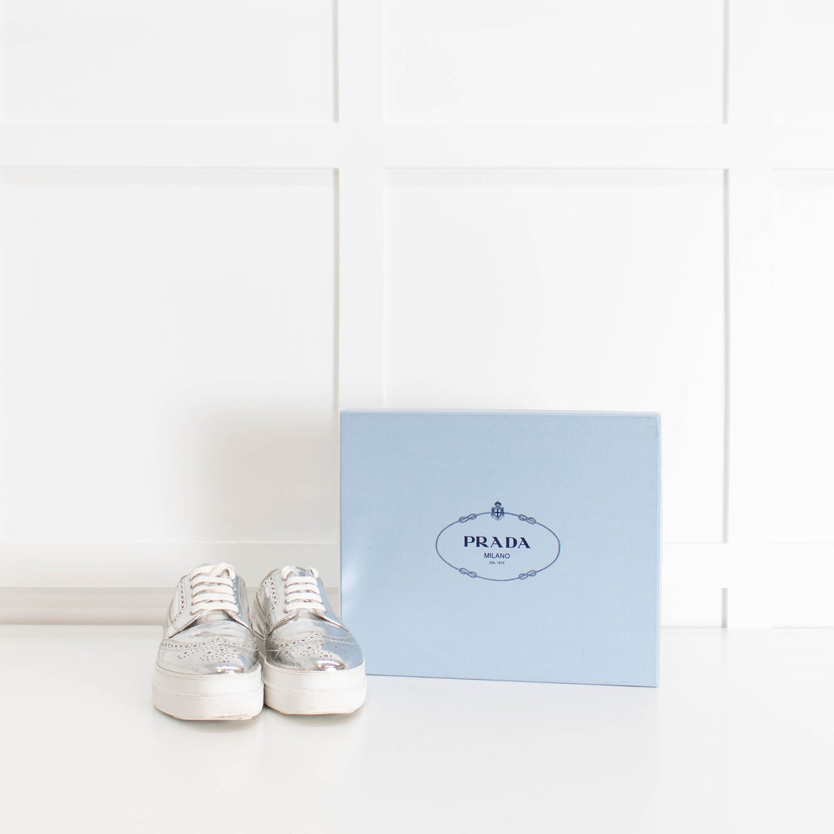 Prada Silver Leather Lace up Platform Shoes