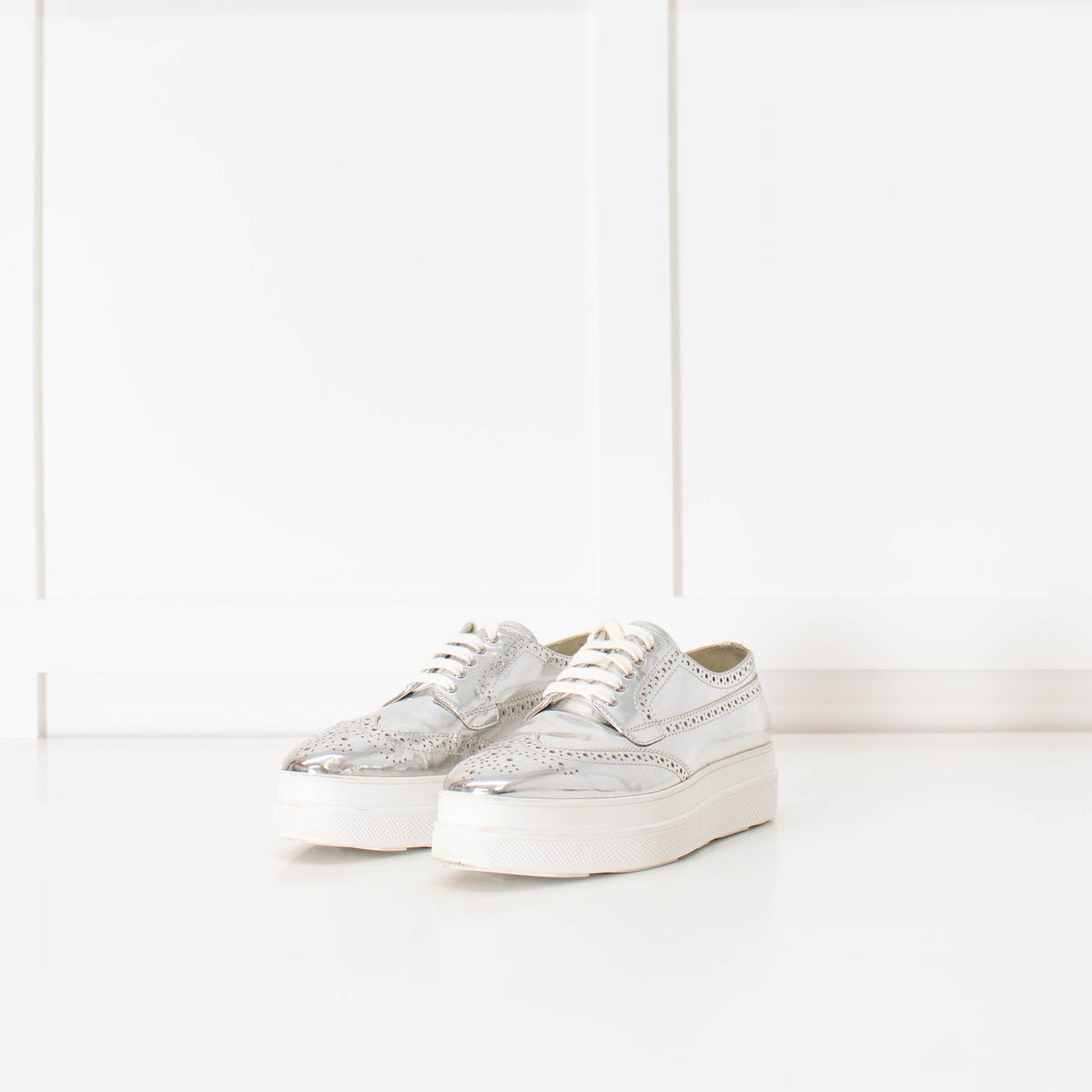 Prada Silver Leather Lace up Platform Shoes