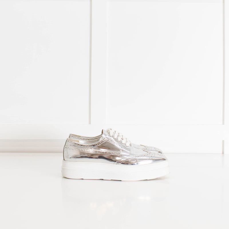 Prada Silver Leather Lace up Platform Shoes