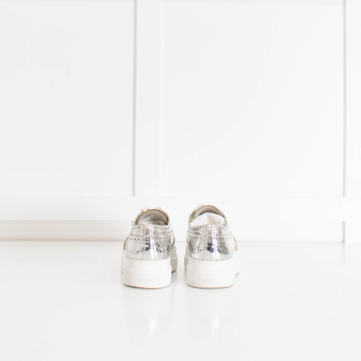 Prada Silver Leather Lace up Platform Shoes