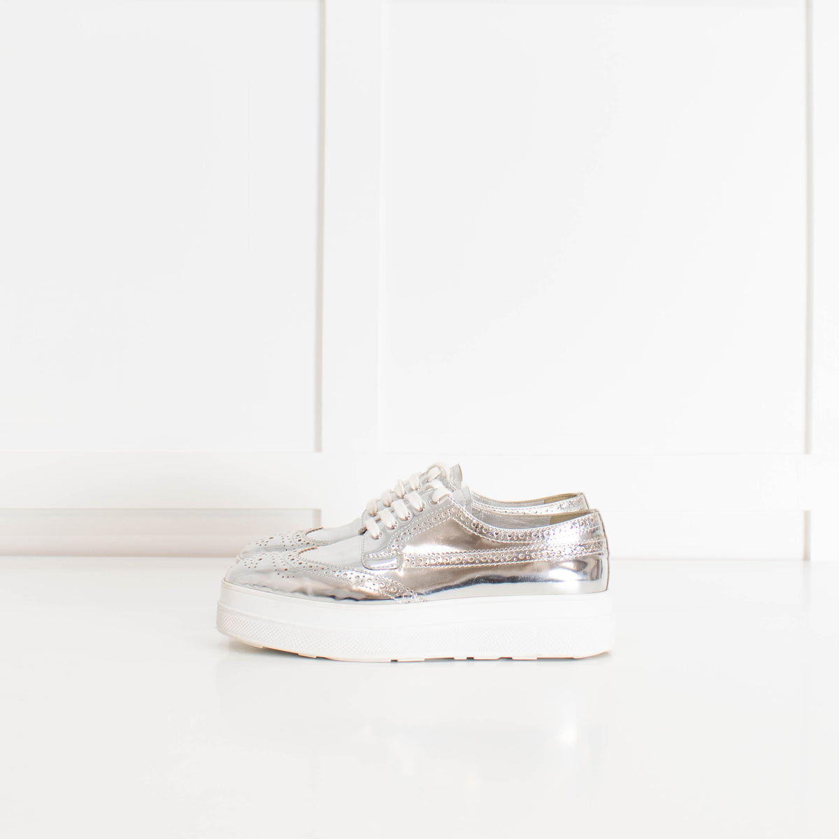 Prada Silver Leather Lace up Platform Shoes