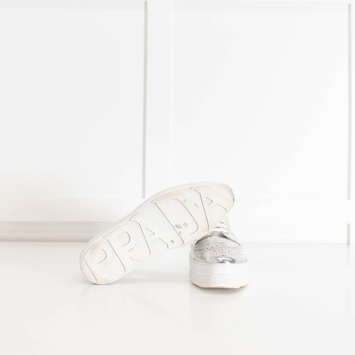Prada Silver Leather Lace up Platform Shoes