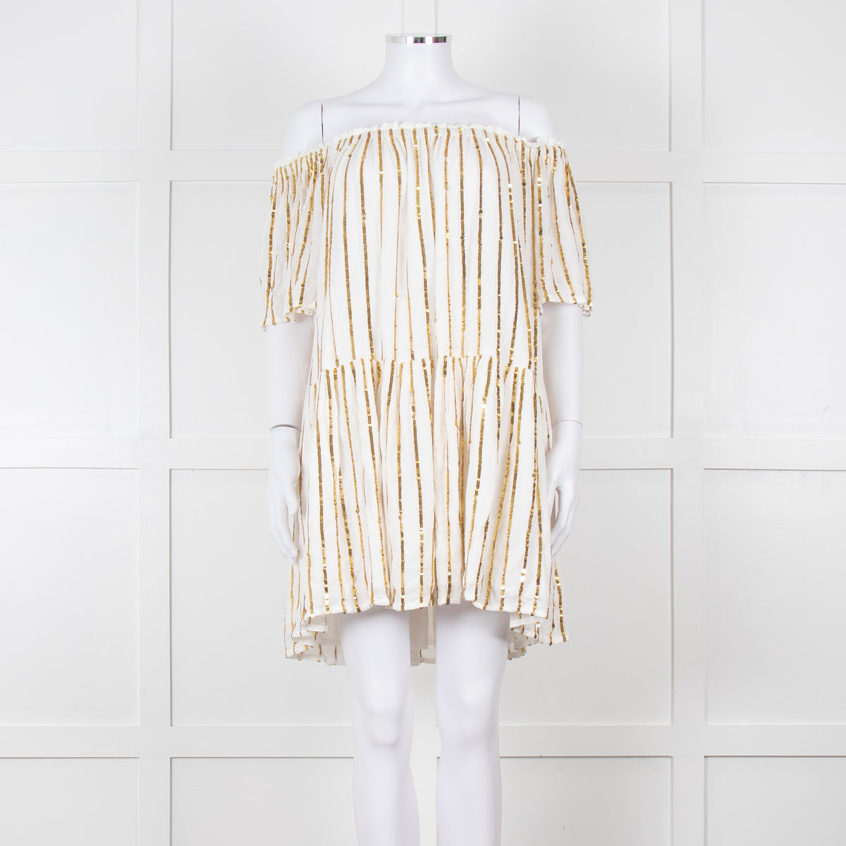 Sundress White Elaticated Off Shoulder Mini Dress with Gold Sequins