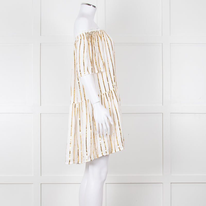 Sundress White Elaticated Off Shoulder Mini Dress with Gold Sequins