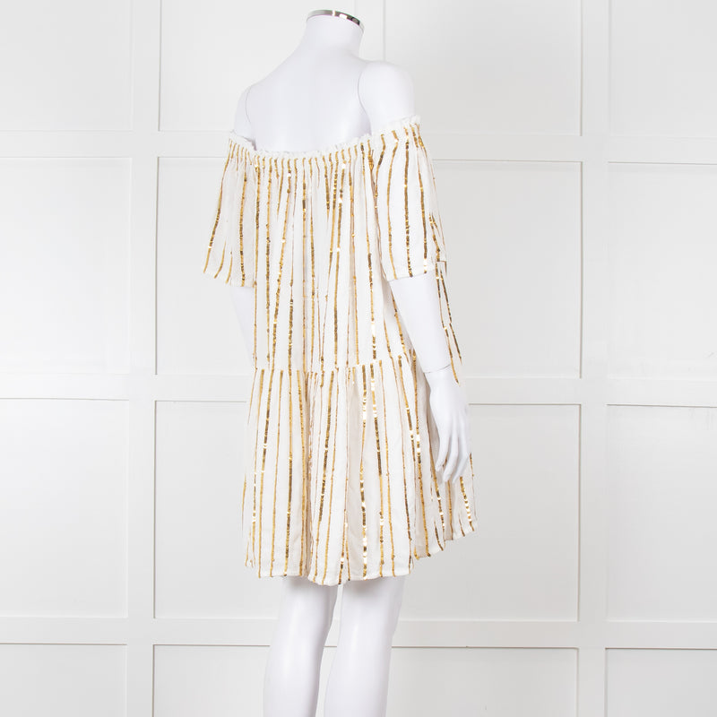 Sundress White Elaticated Off Shoulder Mini Dress with Gold Sequins