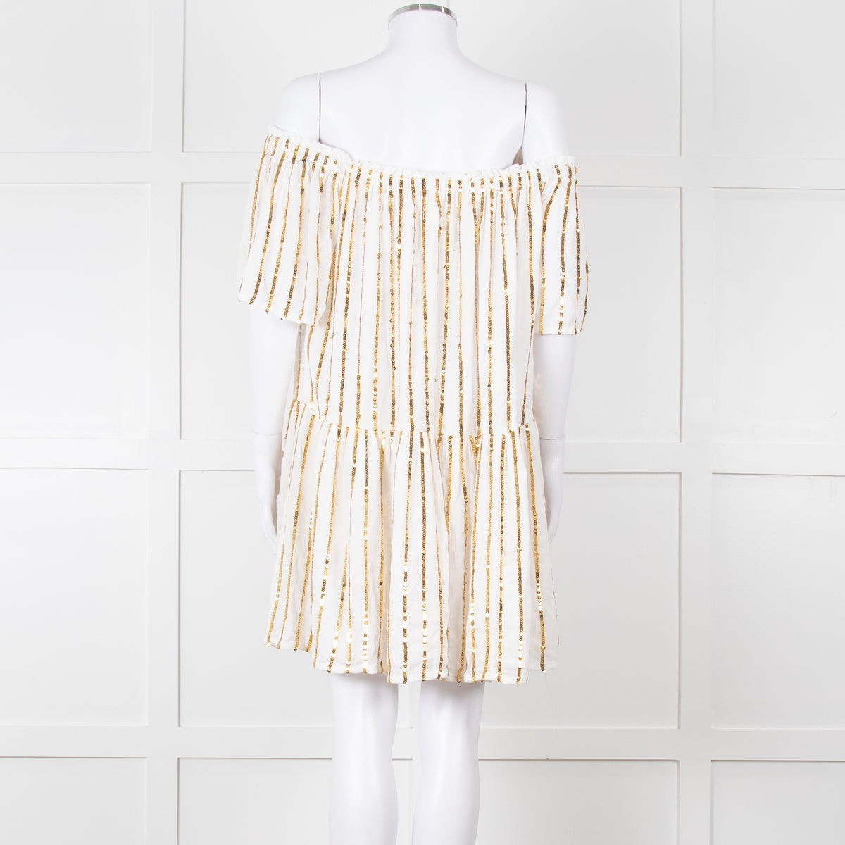 Sundress White Elaticated Off Shoulder Mini Dress with Gold Sequins
