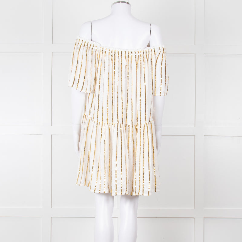 Sundress White Elaticated Off Shoulder Mini Dress with Gold Sequins