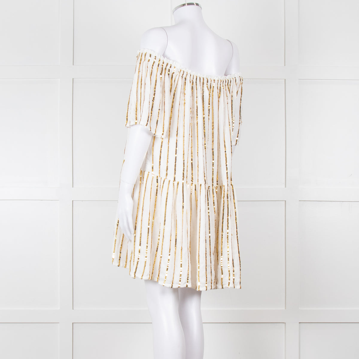 Sundress White Elaticated Off Shoulder Mini Dress with Gold Sequins