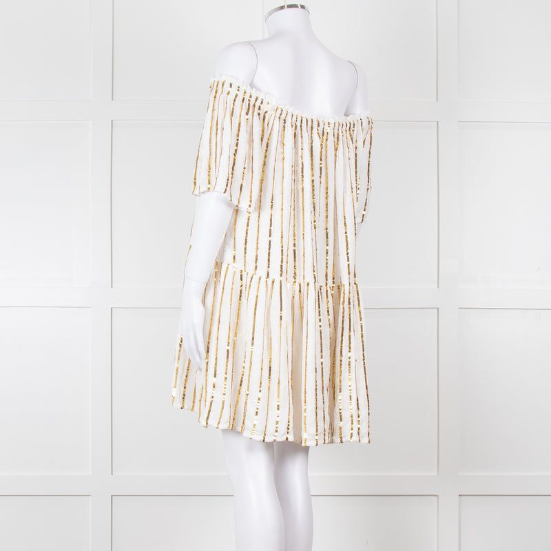 Sundress White Elaticated Off Shoulder Mini Dress with Gold Sequins