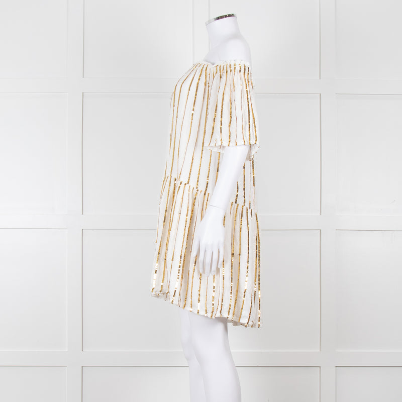 Sundress White Elaticated Off Shoulder Mini Dress with Gold Sequins