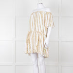 Sundress White Elaticated Off Shoulder Mini Dress with Gold Sequins