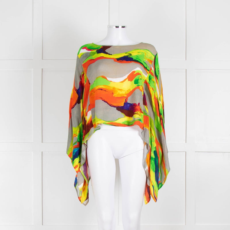 Essentiel Antwerp Neon Green Orange Abstract Print Wide Sleeve Top