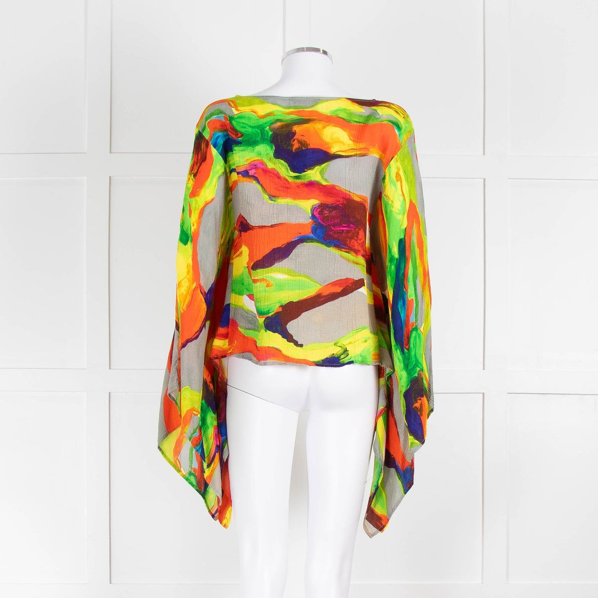 Essentiel Antwerp Neon Green Orange Abstract Print Wide Sleeve Top