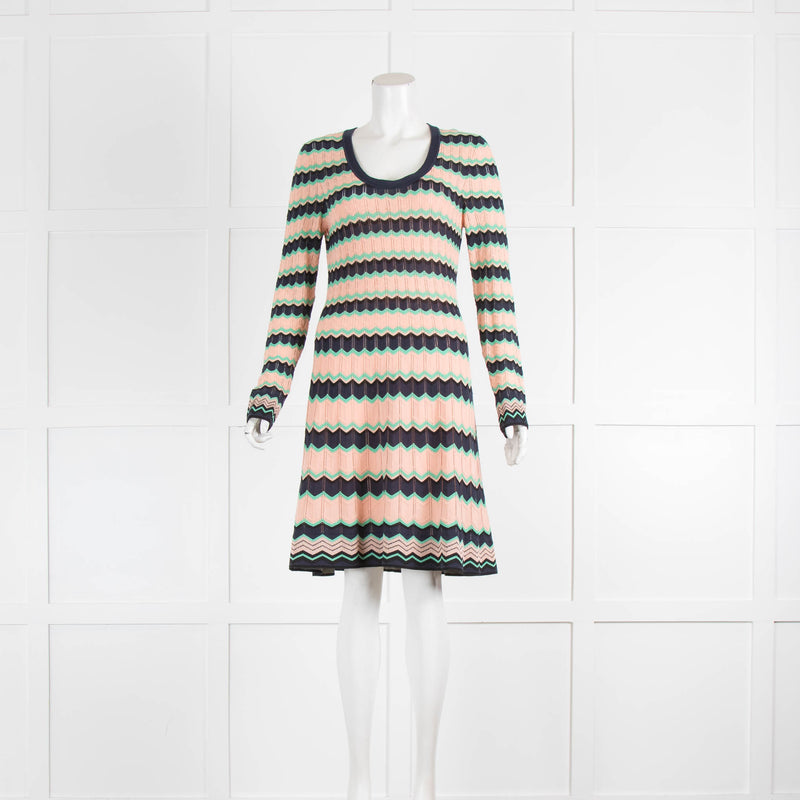 Missoni Navy Pink Green Fine Knit Long Sleeve Dress