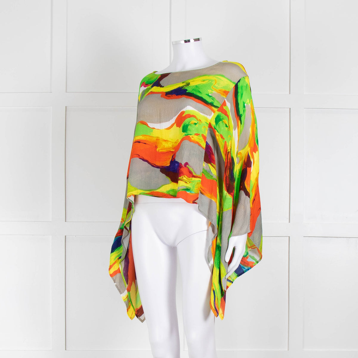 Essentiel Antwerp Neon Green Orange Abstract Print Wide Sleeve Top