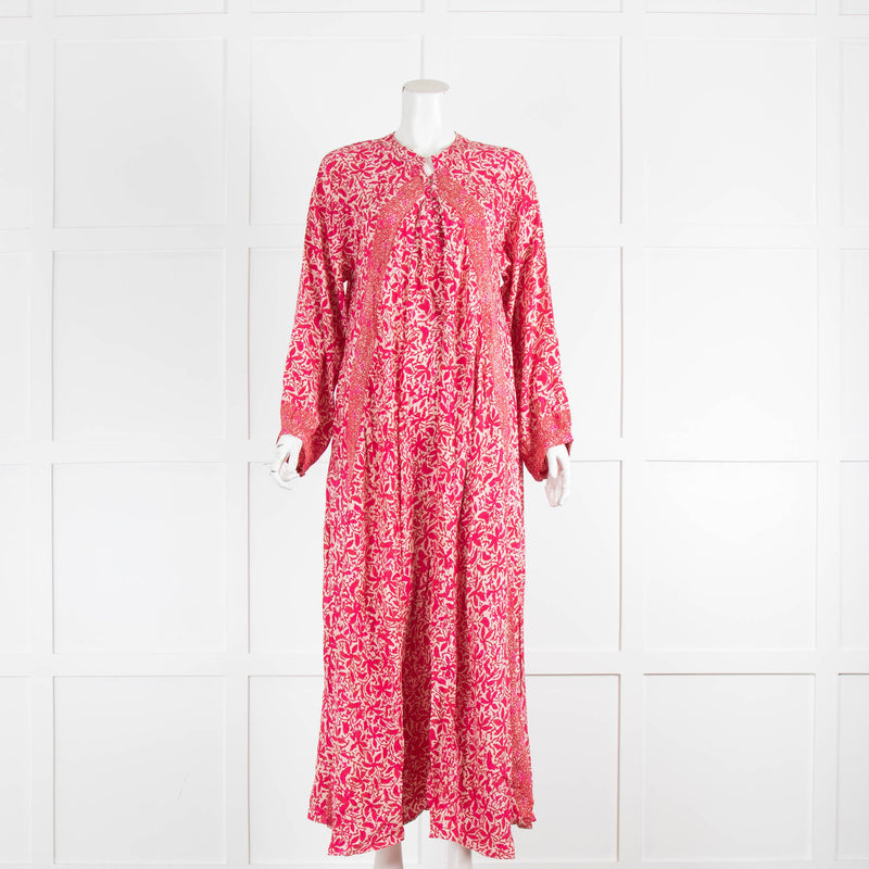 Natalie Martin Cream And Pink Floral Maxi Kaftan Long Sleeved Dress