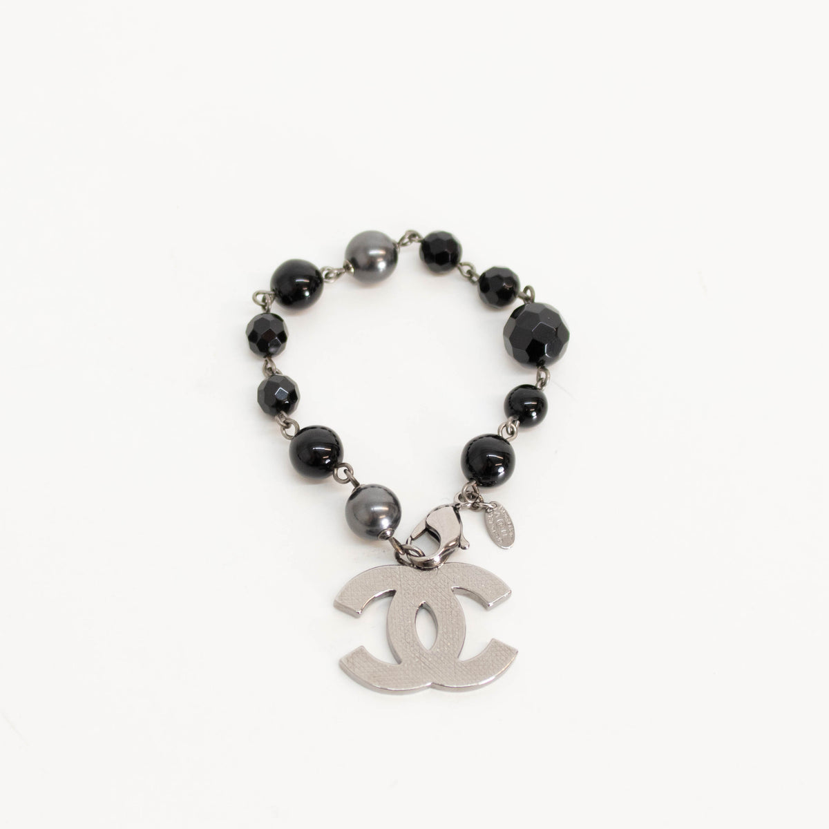 Chanel Black Faux Pearl Silver Tone CC Bracelet
