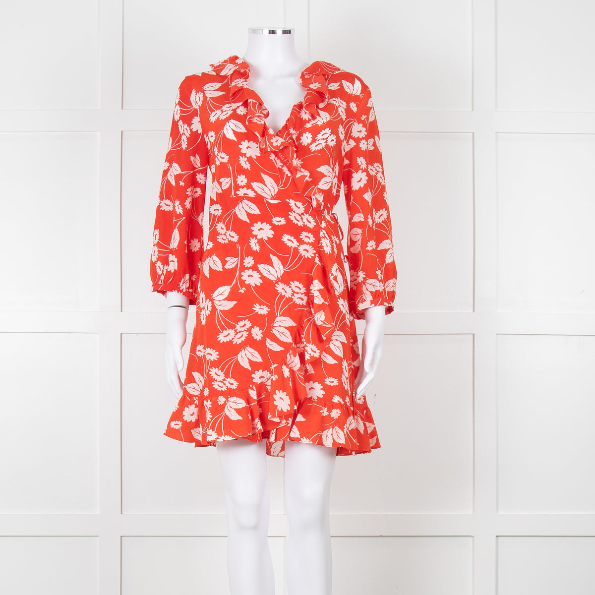 Rixo Red Floral Frilled Wrap Mini Dress