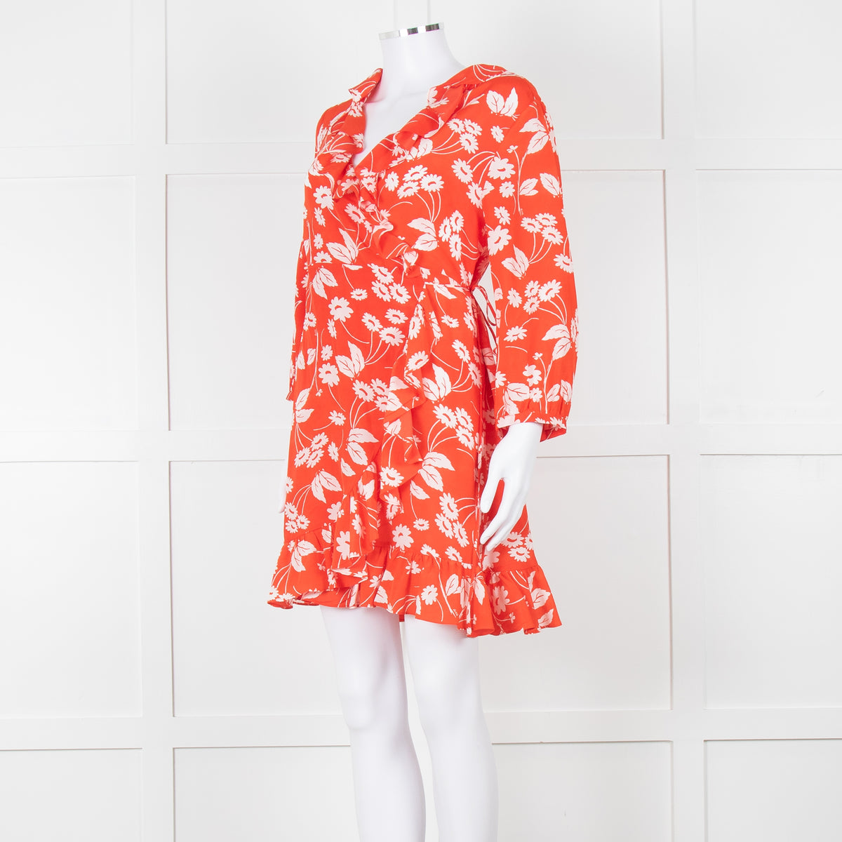 Rixo Red Floral Frilled Wrap Mini Dress