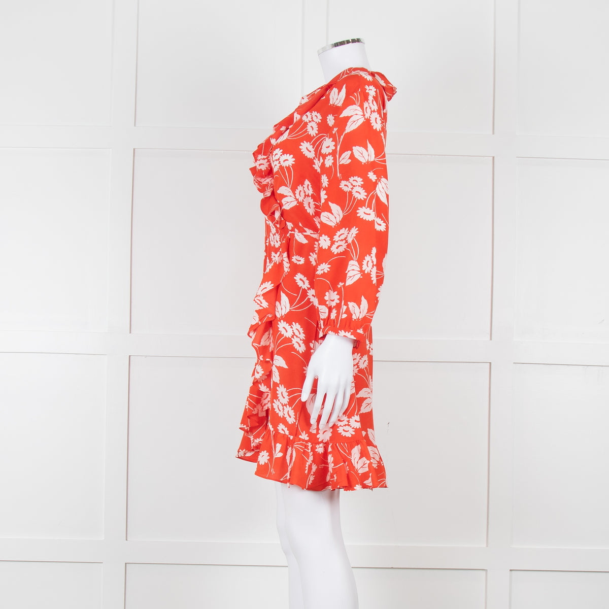 Rixo Red Floral Frilled Wrap Mini Dress