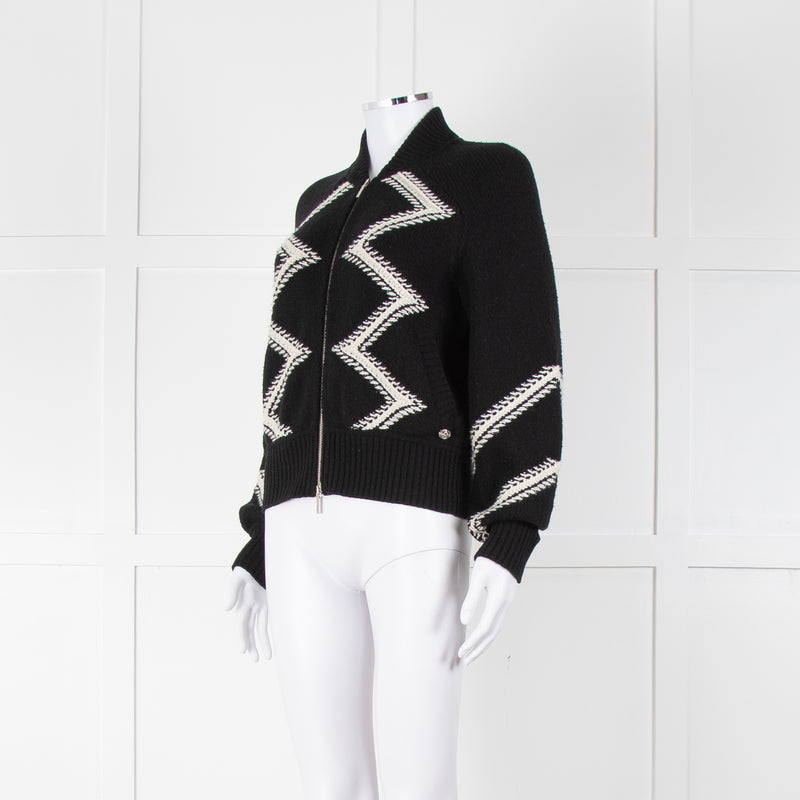 Chanel Black Cream Wool & Cashmere Blend Zip Up Cardigan