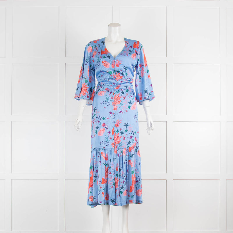 Sirens Blue Orange Green Sea Print Short Sleeve Midi Dress