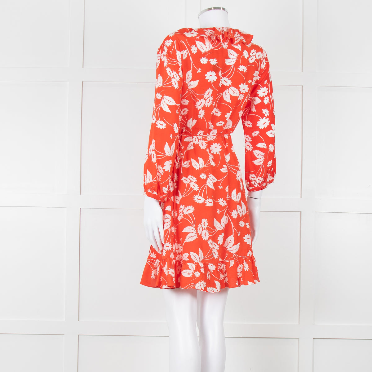 Rixo Red Floral Frilled Wrap Mini Dress