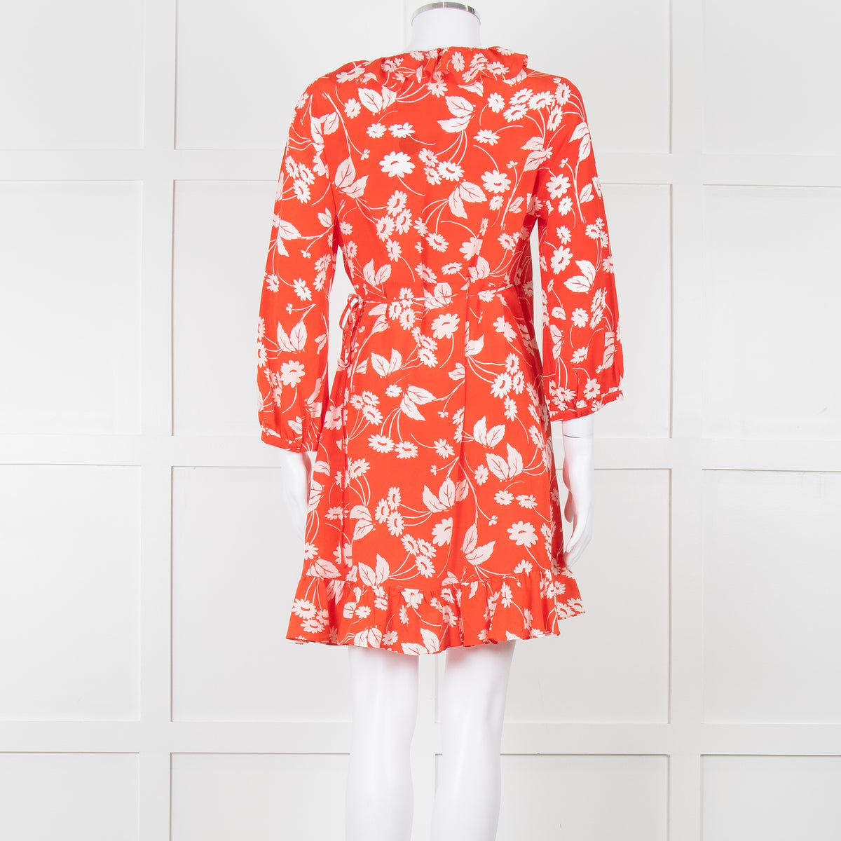 Rixo Red Floral Frilled Wrap Mini Dress