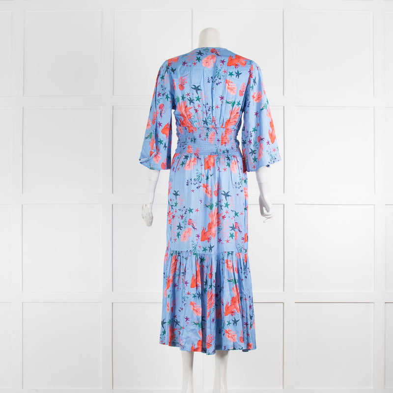 Sirens Blue Orange Green Sea Print Short Sleeve Midi Dress