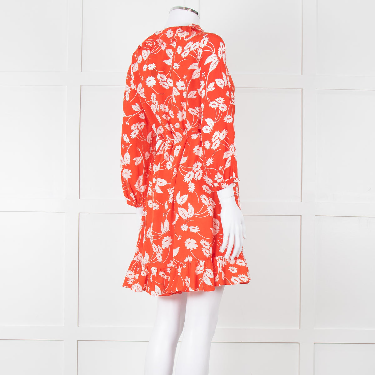 Rixo Red Floral Frilled Wrap Mini Dress