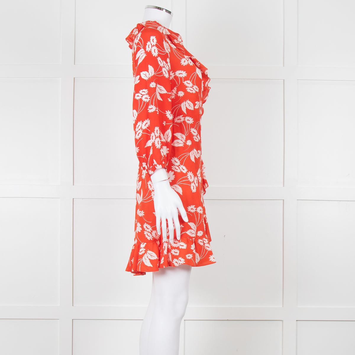 Rixo Red Floral Frilled Wrap Mini Dress